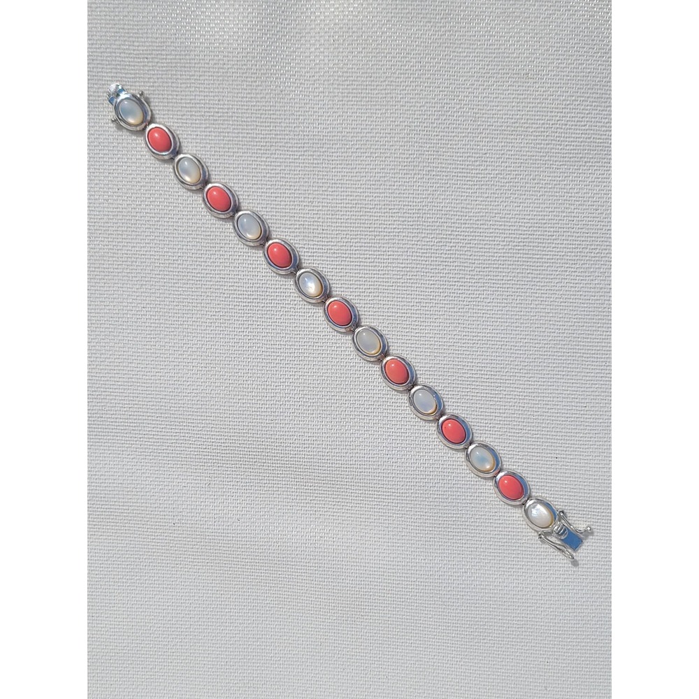 925 Sterling Silver Mother of Peral Lab Created Coral Oval Link Bracelet